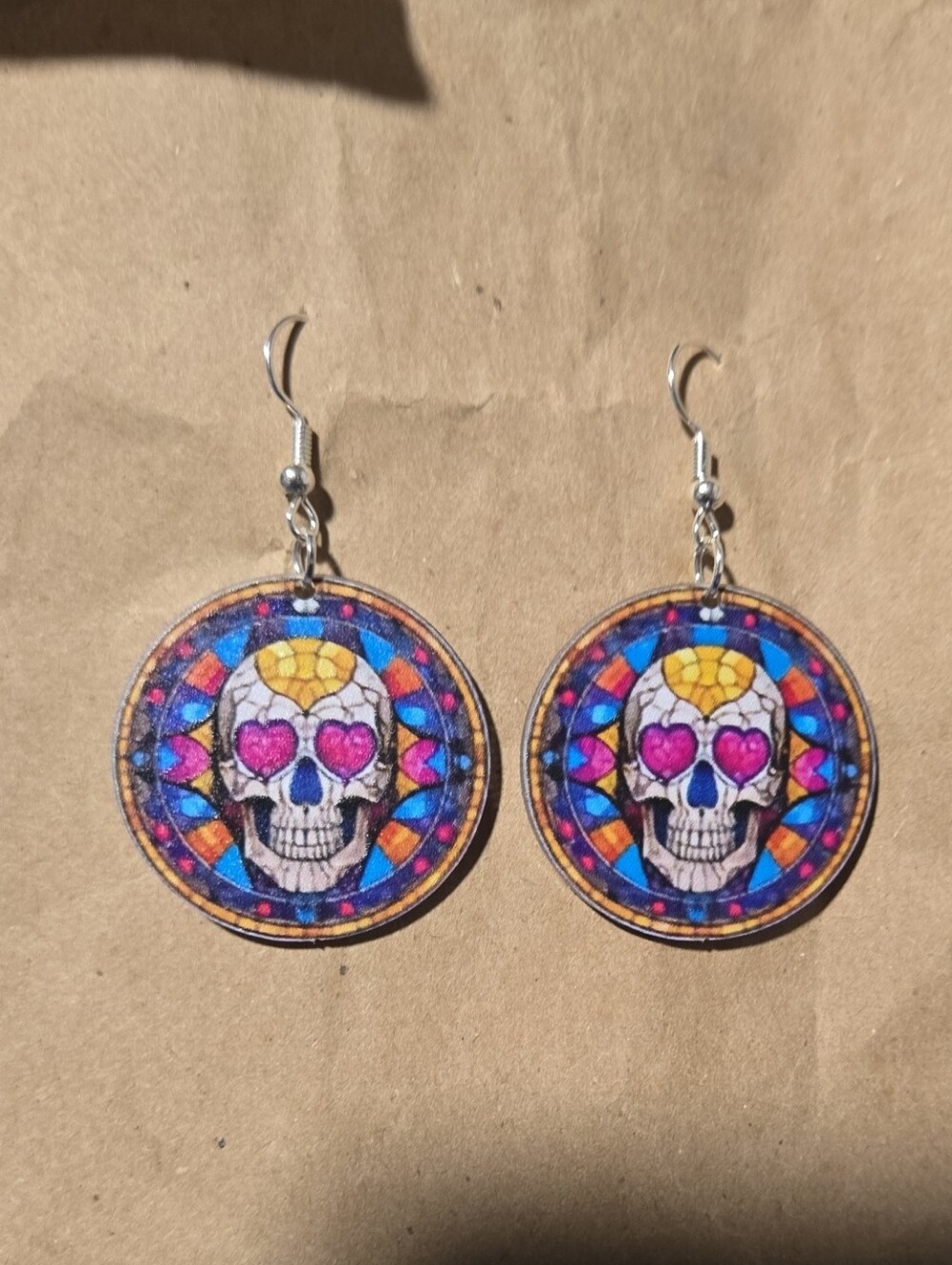 Colorful Stained Glass Sugar Skull Heart-Eye Earrings — Pink & Blue